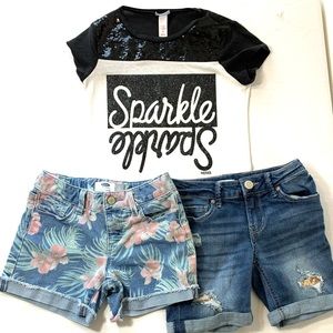 Girls size 8 bundle 3 pieces shirt & 2 shorts black & white sparkle blue jeans